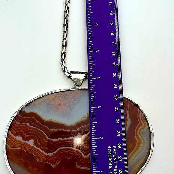 AGATE GEODE SLICE NECKLACE or SUN CATCHER STERLING SILVER CHAIN 4 3/4” x 4 1/2” - Picture 8 of 11